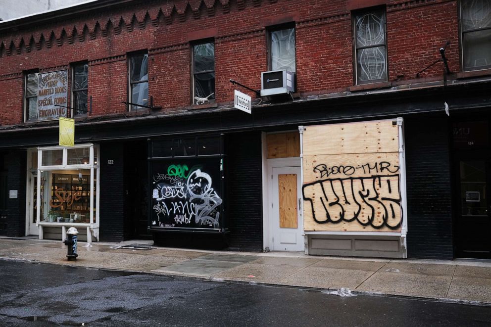 PHOTO: Streets stand nearly empty in a popular Manhattan shopping district, April 26, 2020, in New York City.