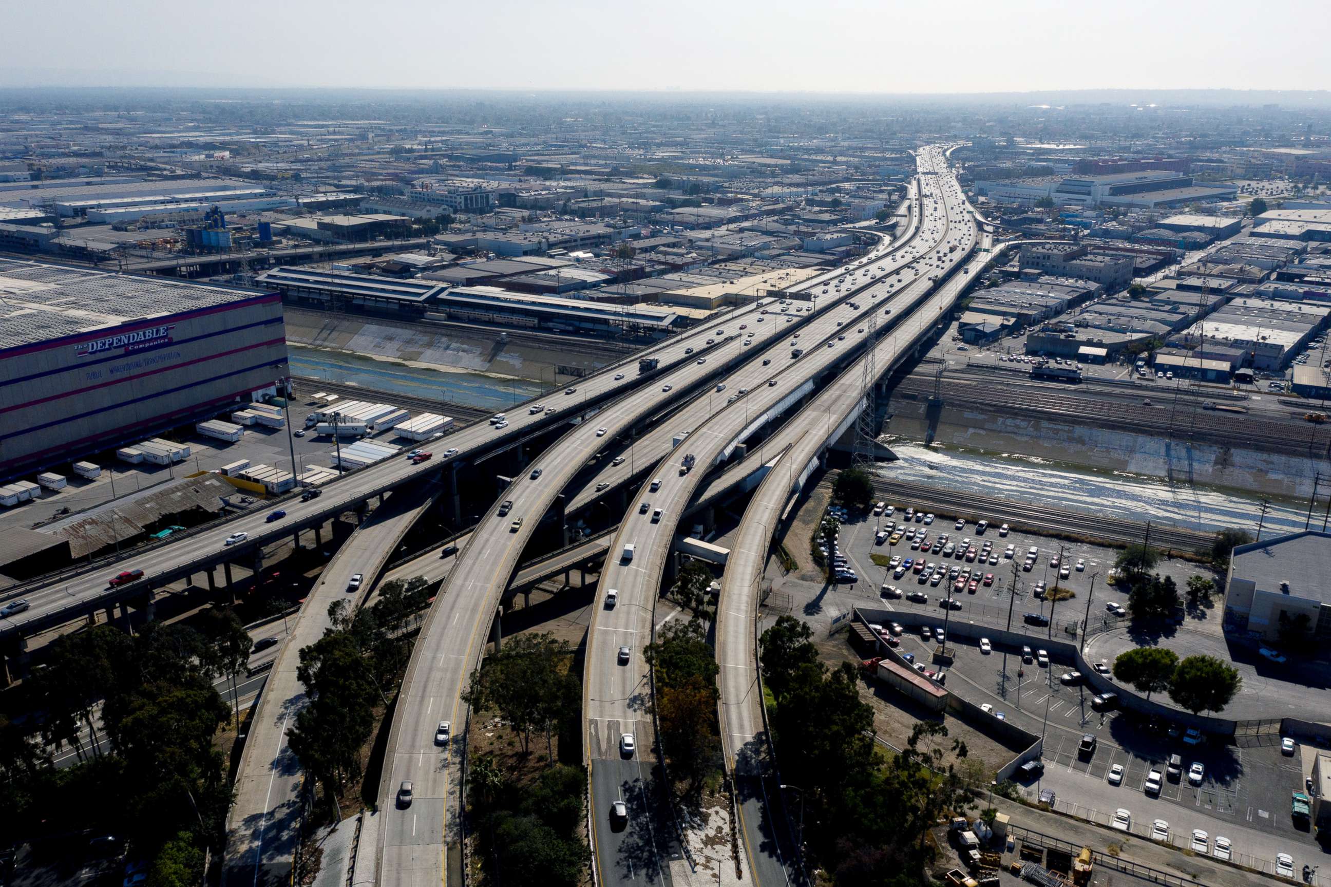PHOTO: Vehicles travel along Interstate 5, Interstate 10, U.S. Route 101, and State Route 60 on the East Los Angeles Interchange in the Boyle Heights neighborhood of Los Angeles, April 6, 2021.