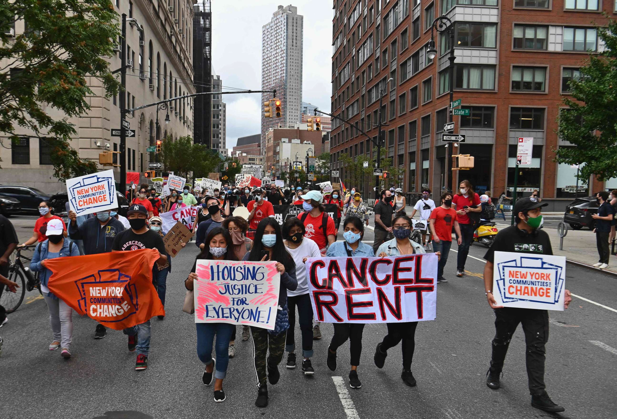 PHOTO: Protestors demonstrate during a 'No Evictions, No Police' national day of action protest against law enforcement who forcibly remove people from homes, Sept. 1, 2020, in New York City.