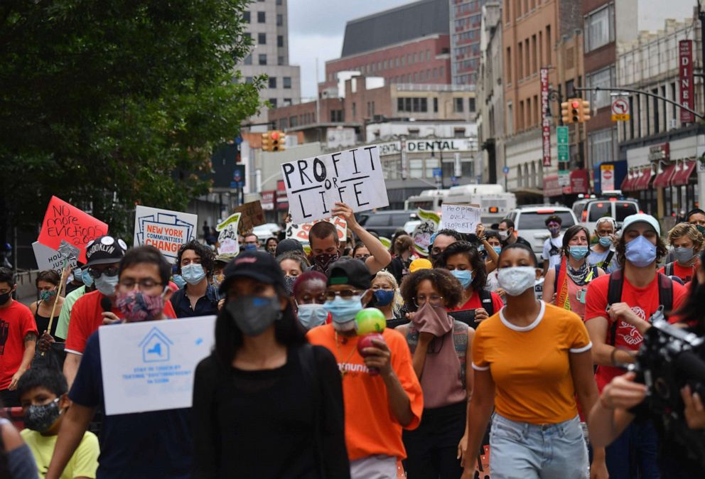 PHOTO: Protestors demonstrate during a 'No Evictions, No Police' national day of action protest against law enforcement who forcibly remove people from homes, Sept. 1, 2020, in New York City.
