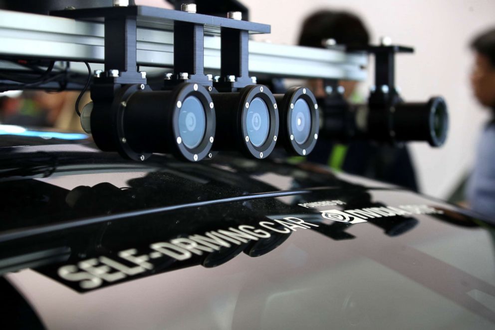 PHOTO: Cameras are visible on the exterior of an Nvidia self-driving car inside the Nvidia booth during CES 2019, Jan. 8, 2019, in Las Vegas.