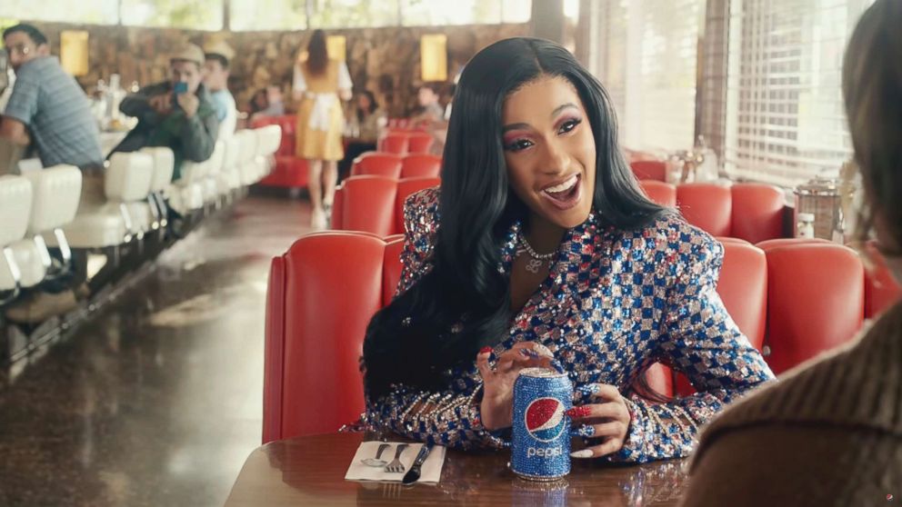 PHOTO: This screen grab from video provided by PepsiCo shows an image from the company's 2019 Super Bowl NFL football spot featuring Cardi B. Star power abounds in this year's Super Bowl ads. 