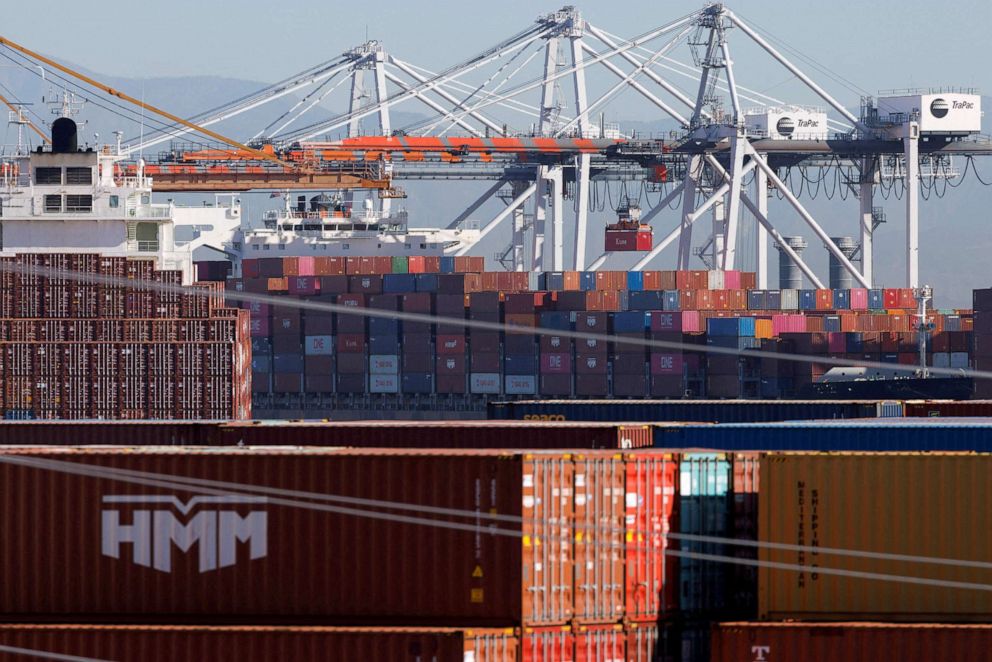 PHOTO: Stacked containers wait on ships to be unloaded at the Port of Los Angeles in Los Angeles, Nov. 22, 2021.