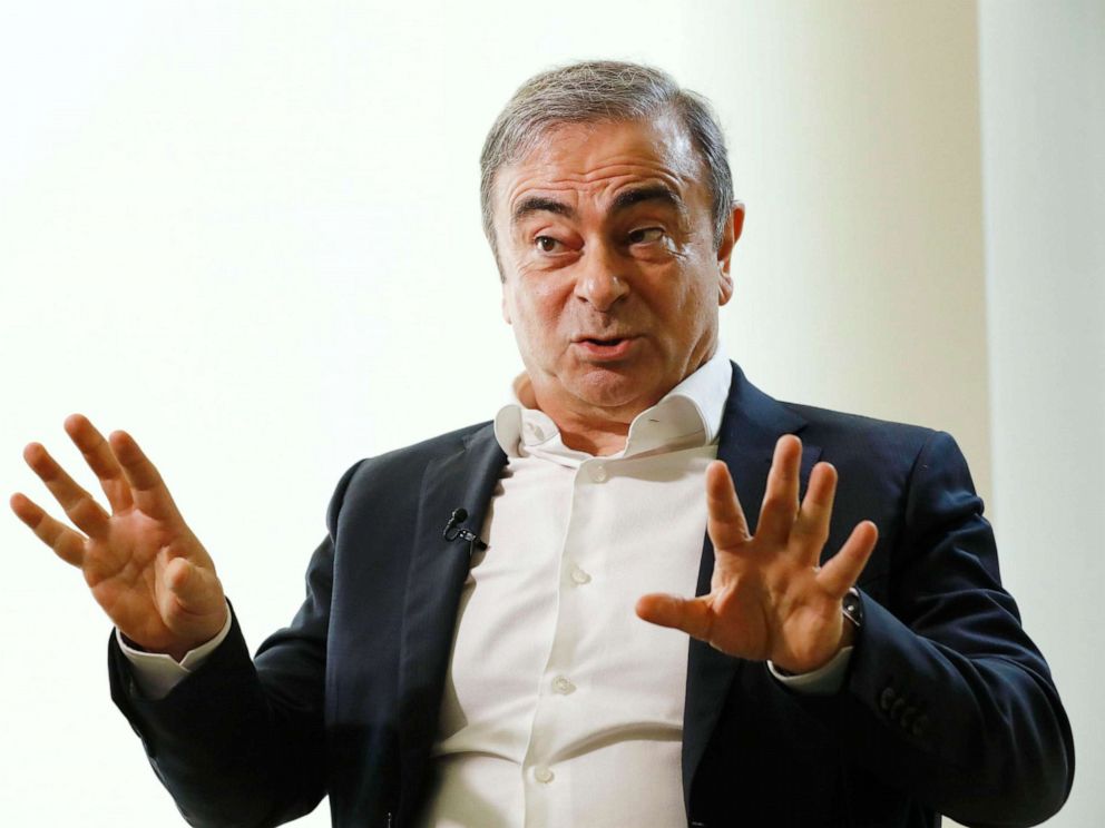 PHOTO: Former Nissan Chairman Carlos Ghosn speaks to Japanese media during an interview in Beirut, Lebanon, Jan. 10, 2020.