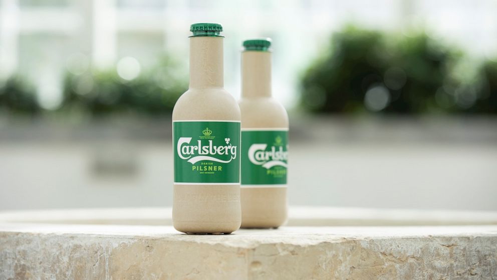 PHOTO: Carlsberg unveiled "paper bottle" for beer at a the C40 World Mayors Summit in Copenhagen, Denmark.