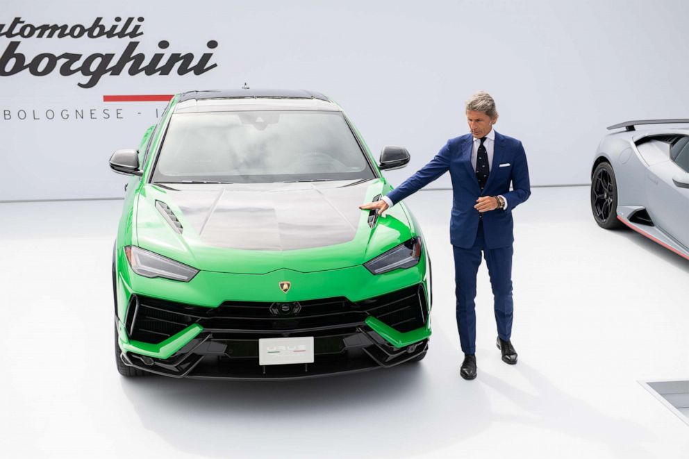 PHOTO: Lamborghini CEO Stephan Winkelmann unveils the all-new Urus Performante, the fastest production SUV to climb to the Pikes Peak summit, in Carmel-by-the-Sea, California, in August.