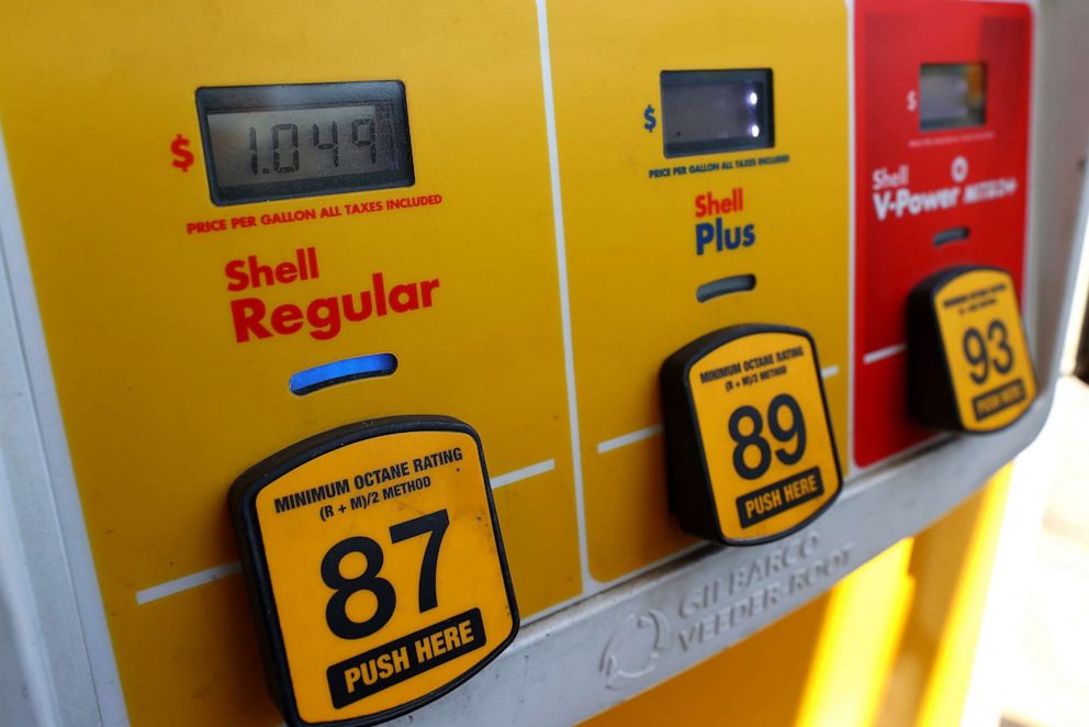 PHOTO: A gas pump with gas selling for $1.04 a gallon is shown on May 07, 2020 in Baltimore, Maryland.