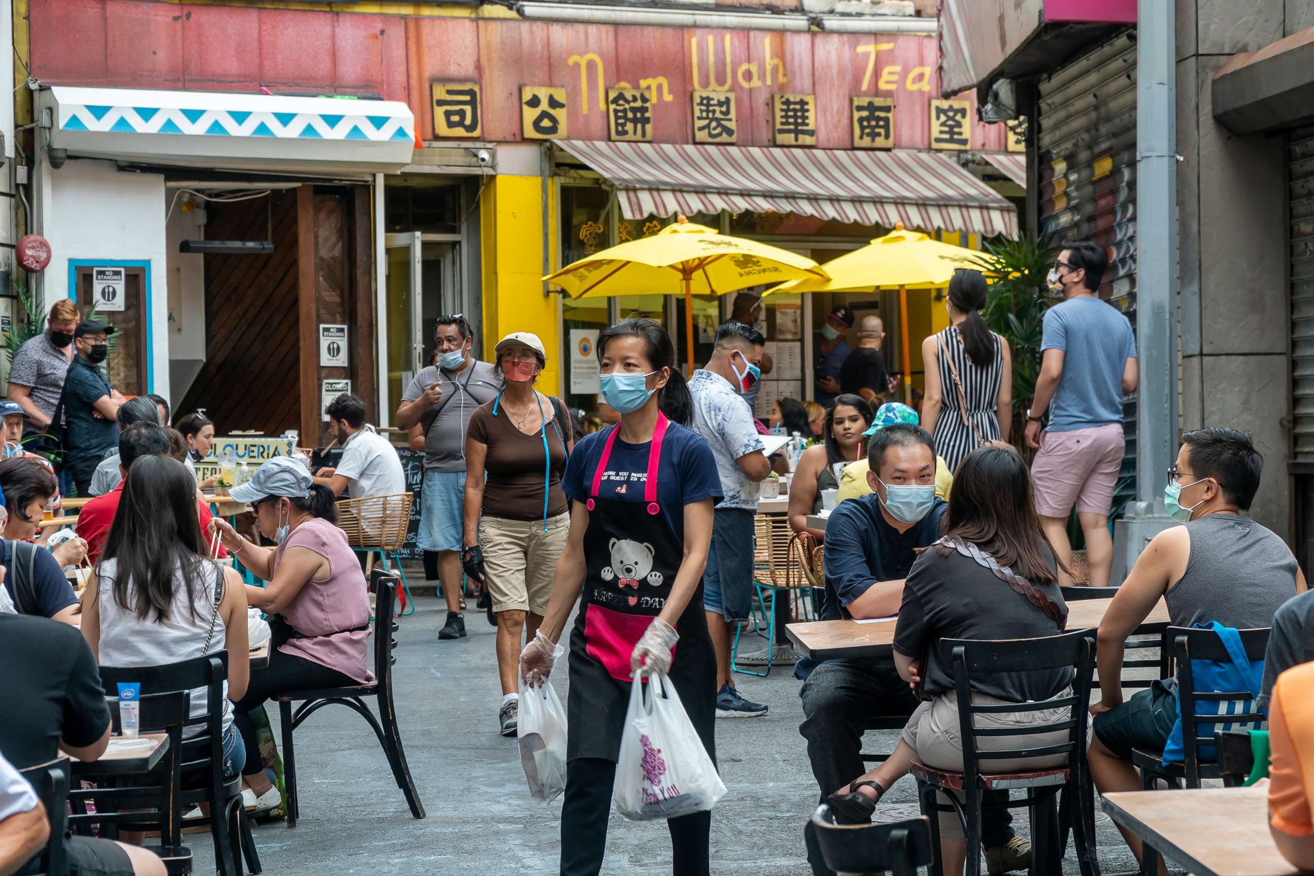 PHOTO: People dine outside in Chinatown in New York on August 15, 2020. 