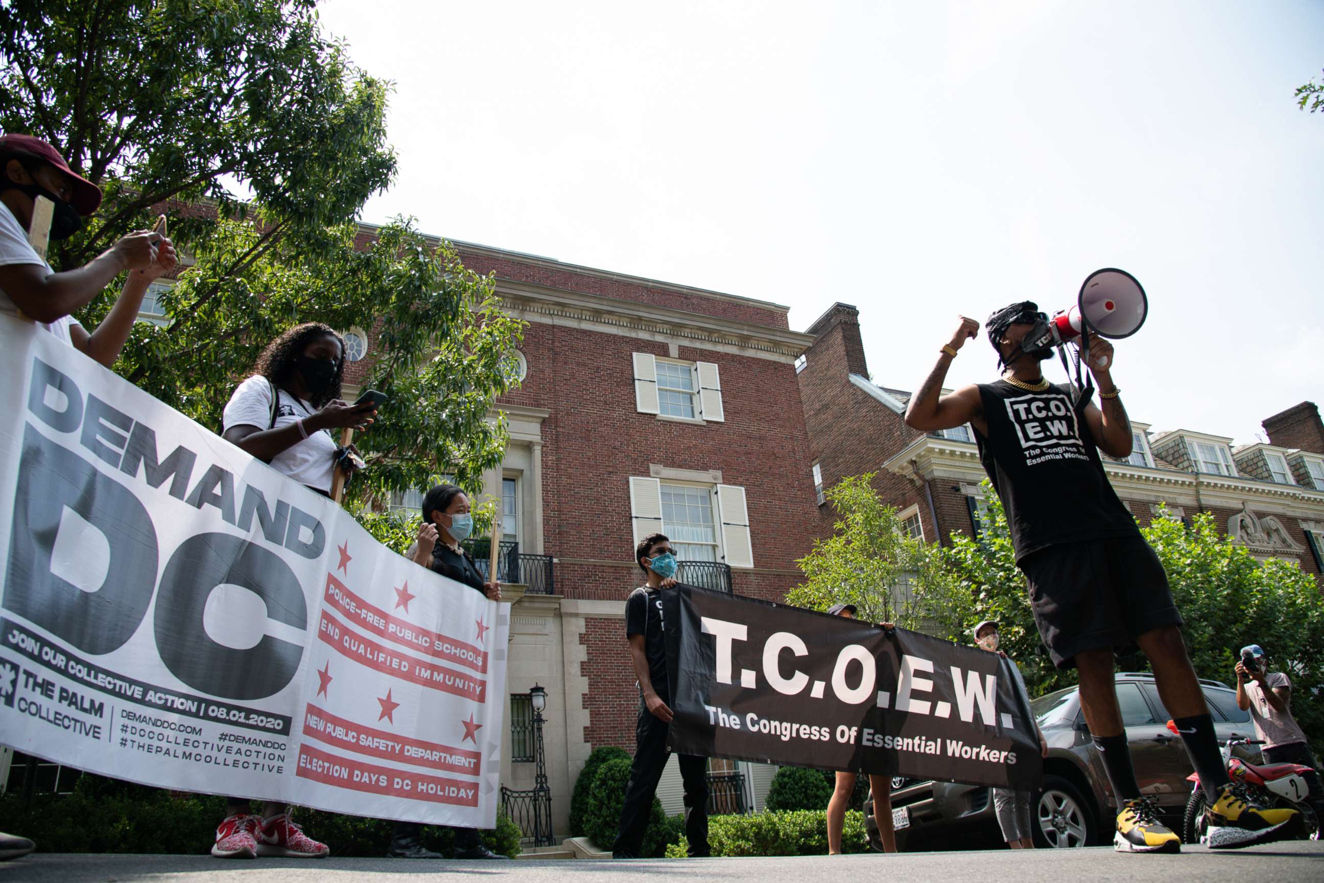 PHOTO: Chris Smalls, a former Amazon Warehouse worker and founder of the The Congress of Essential Workers, speaks at a protest in front of Jeff Bezos mansion in Washington, D.C., calling for expanded rights for essential workers, on Aug. 27, 2020.