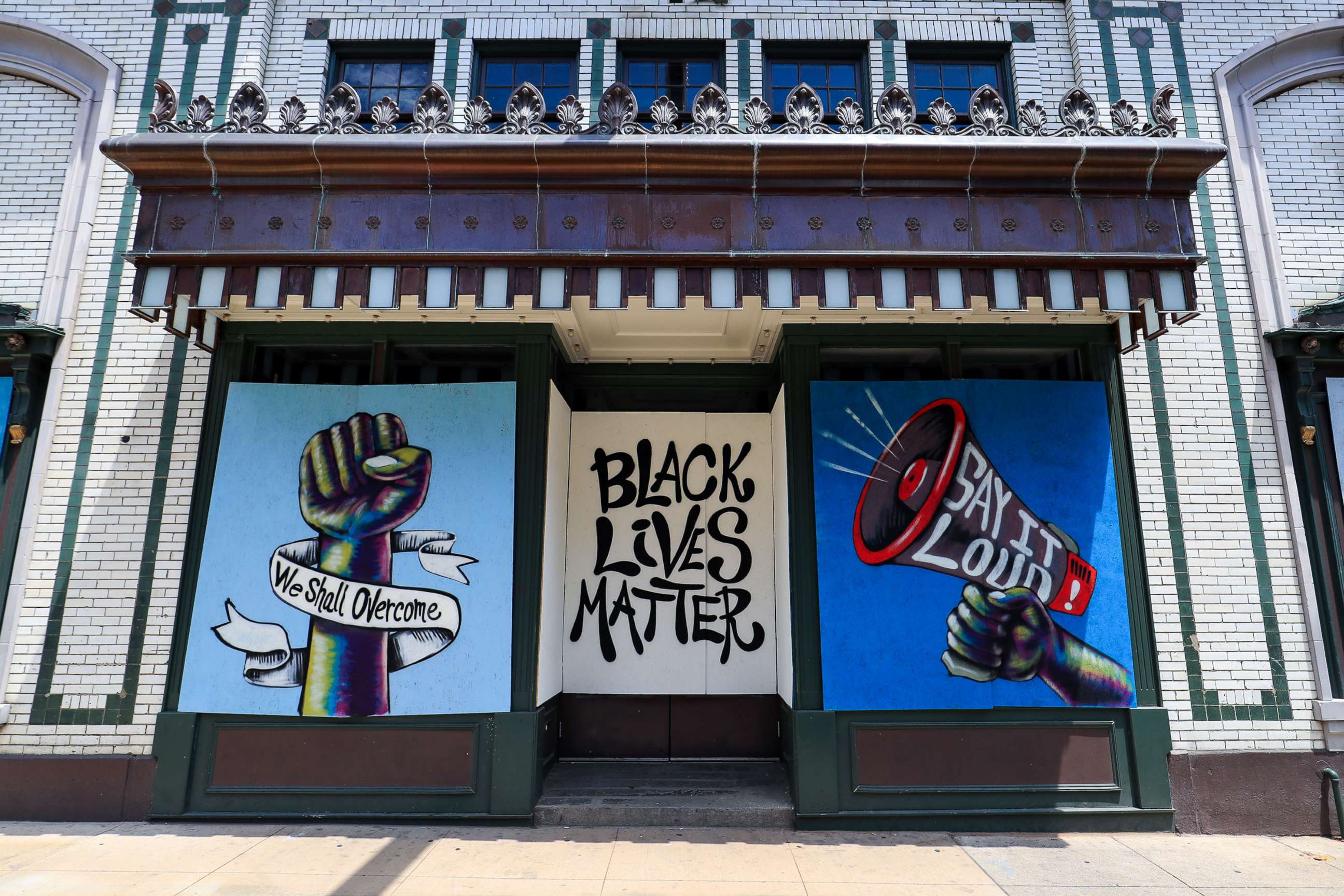 PHOTO: A mural on the covering of a window of a business is shown in downtown Cincinnati as they show support for the Black Lives Matter movement, June 6, 2020.