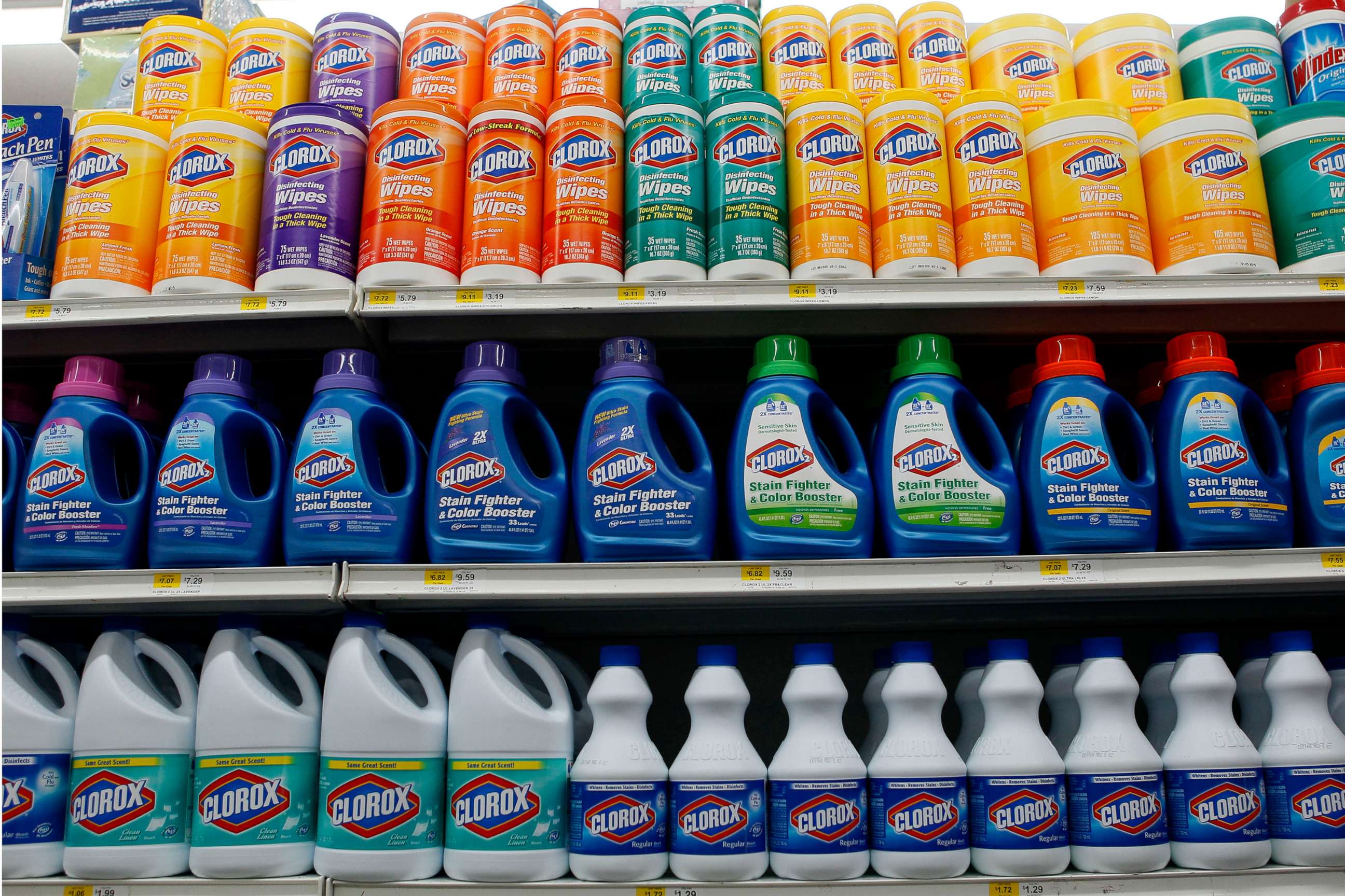 PHOTO: Clorox brand products sit on a shelf at a supermarket in New York, July 15, 2011.