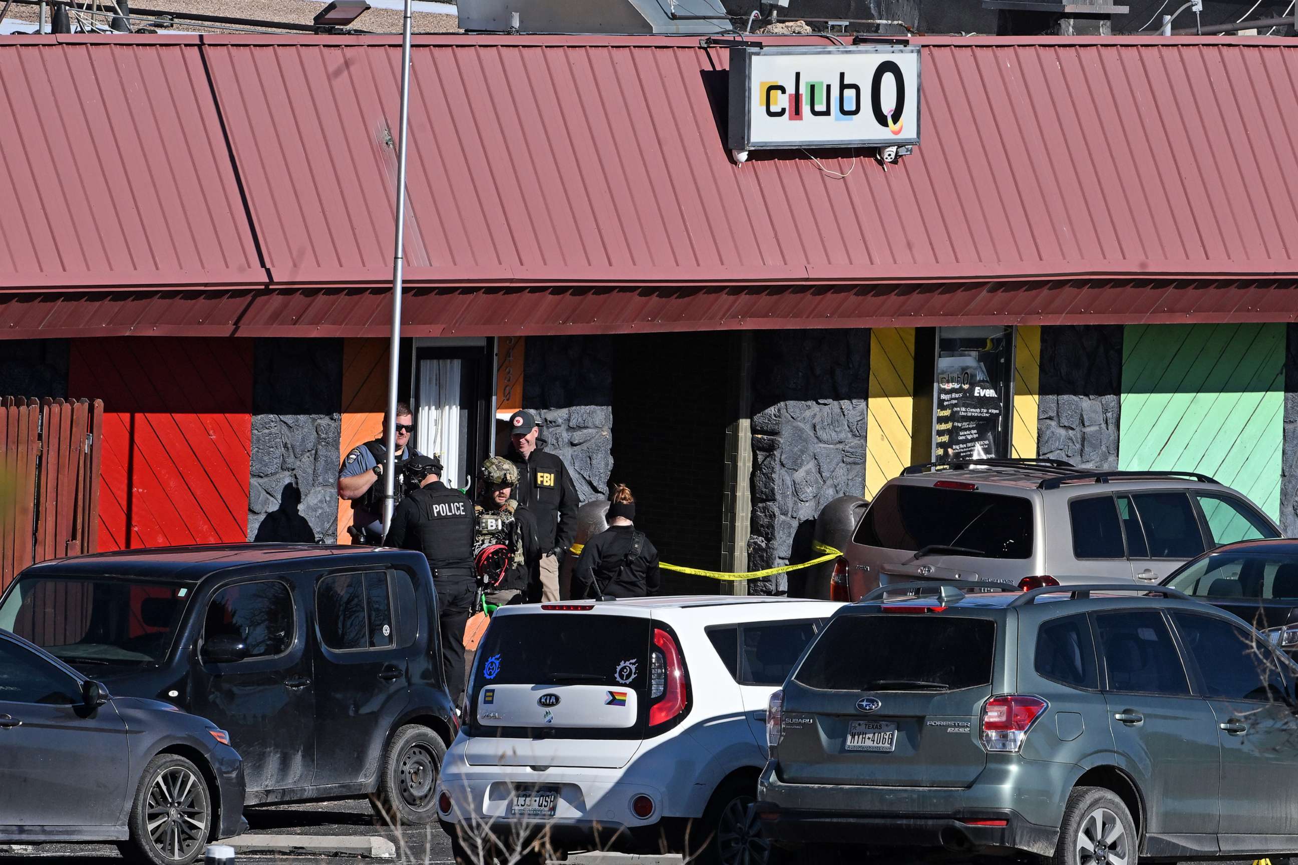 PHOTO: Colorado Springs police, the FBI and others investigate the scene of a mass shooting at Club Q on Nov. 20, 2022 in Colorado Springs, Colo.