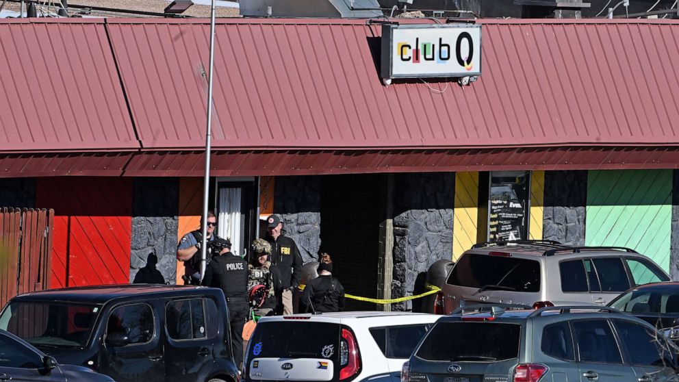 PHOTO: Colorado Springs police, the FBI and others investigate the scene of a mass shooting at Club Q on Nov. 20, 2022 in Colorado Springs, Colo.