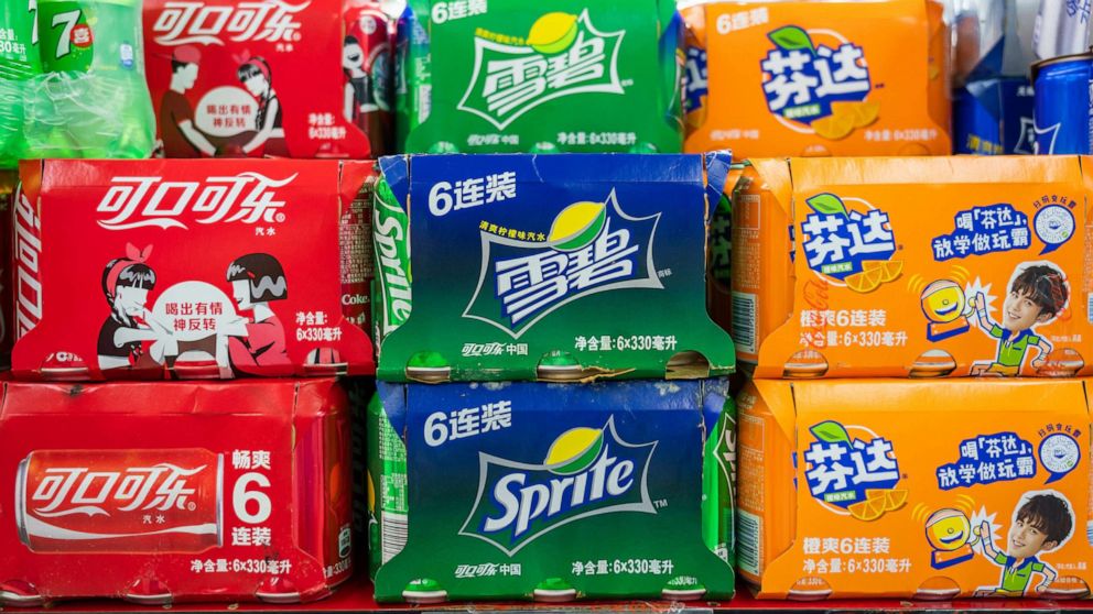 PHOTO: In this July, 27, 2019, file photo, cans of Coca-Cola, Sprite and Fanta, beverages produced by the Coca-Cola Company, are shown in a supermarket in Shanghai.
