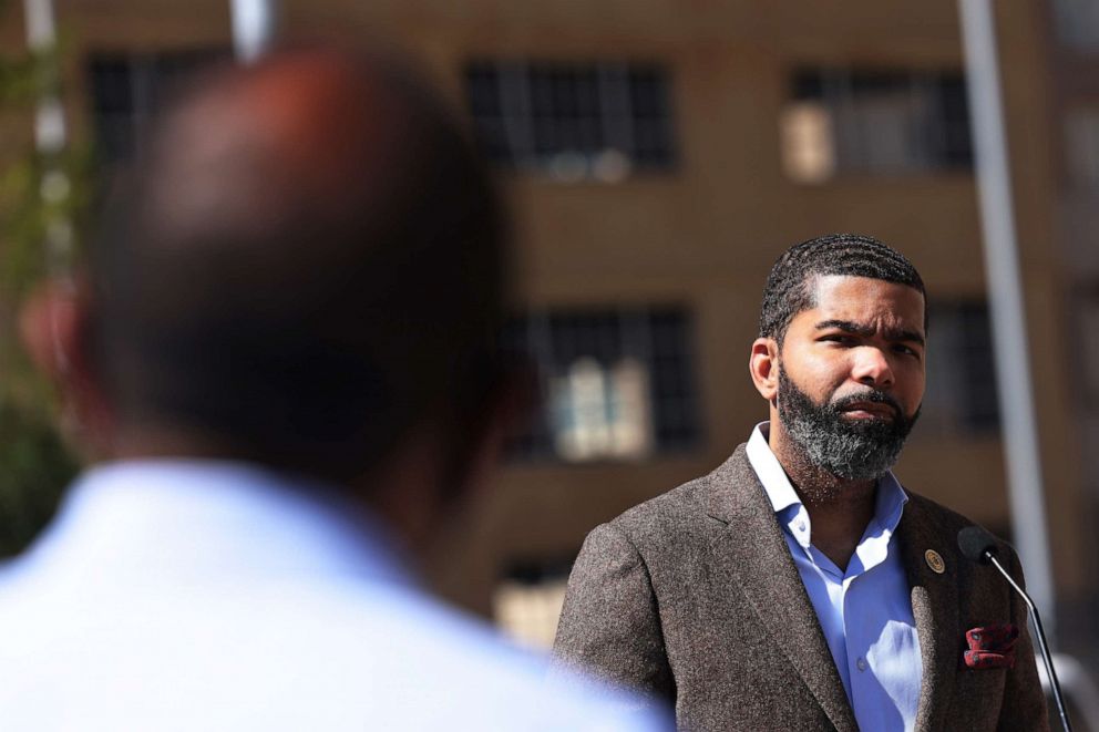 Photo: Jackson Mayor Chokwe Antar Lumumba takes questions from members of the media during a press conference in Jackson, Mississippi, March 8, 2021.