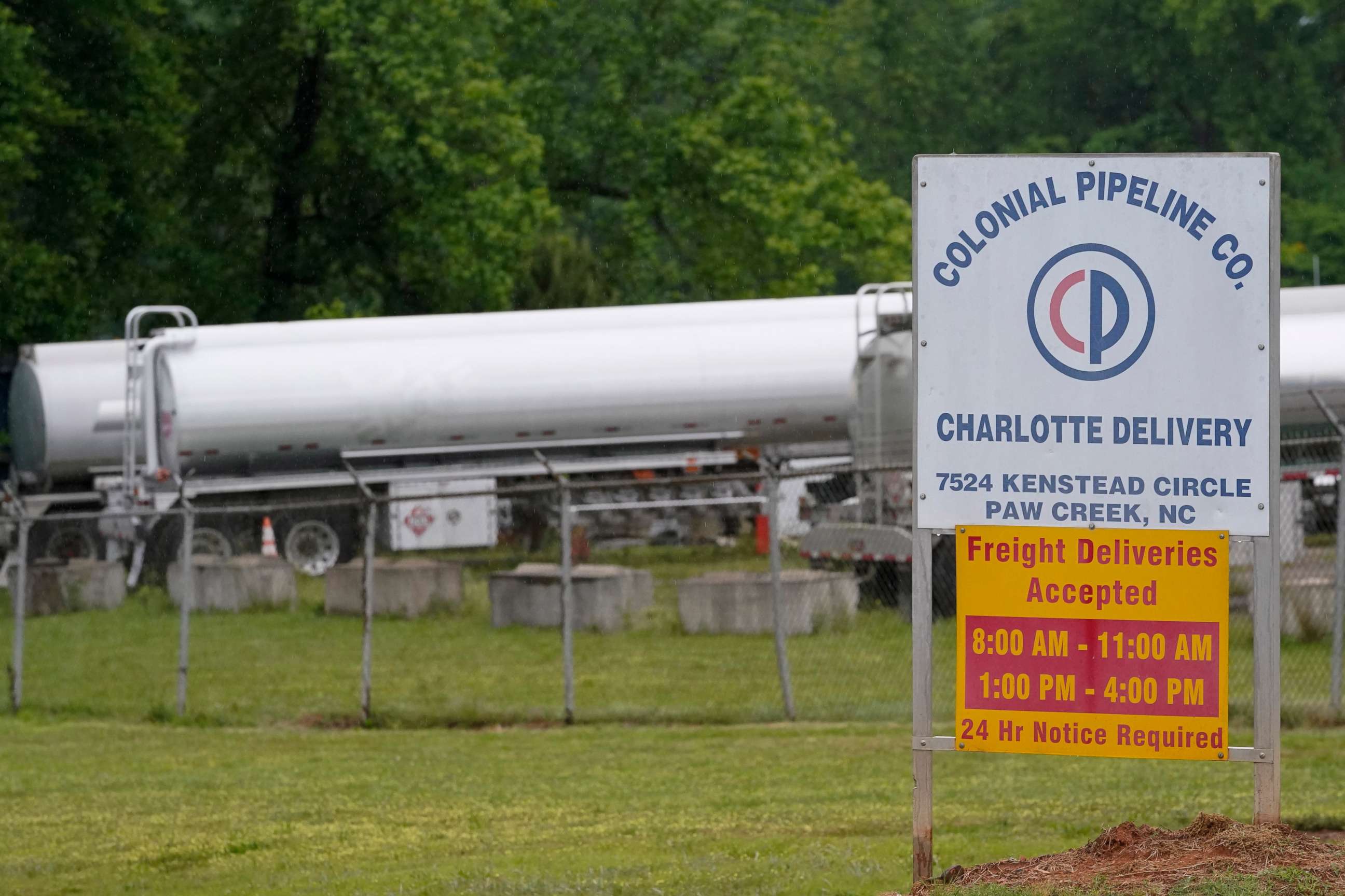 PHOTO: Tanker trucks are parked near the entrance of Colonial Pipeline Company, May 12, 2021, in Charlotte, N.C.
