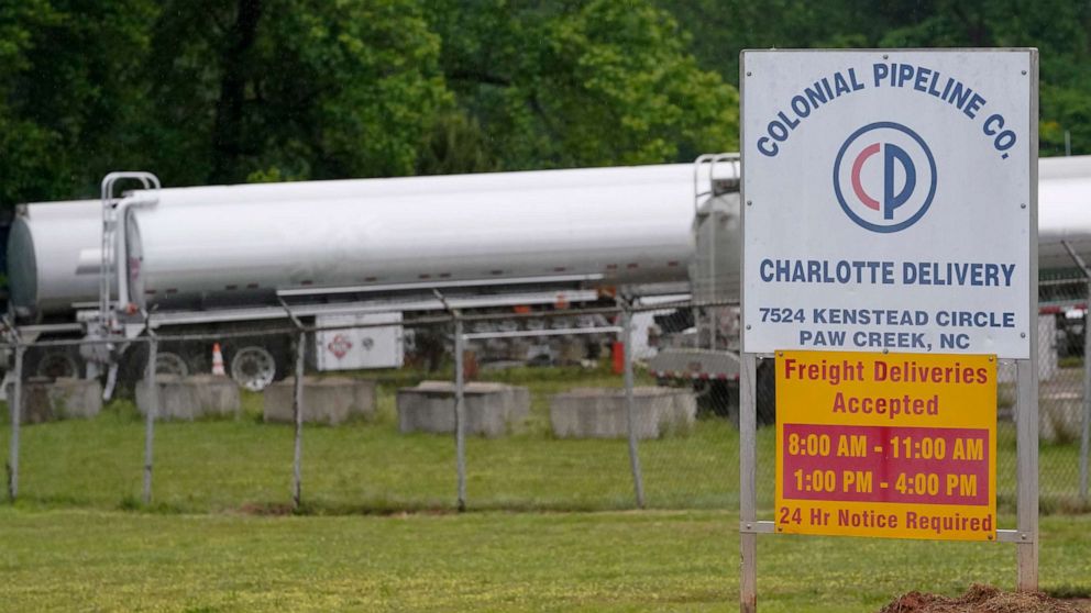 PHOTO: Tanker trucks are parked near the entrance of Colonial Pipeline Company, May 12, 2021, in Charlotte, N.C.