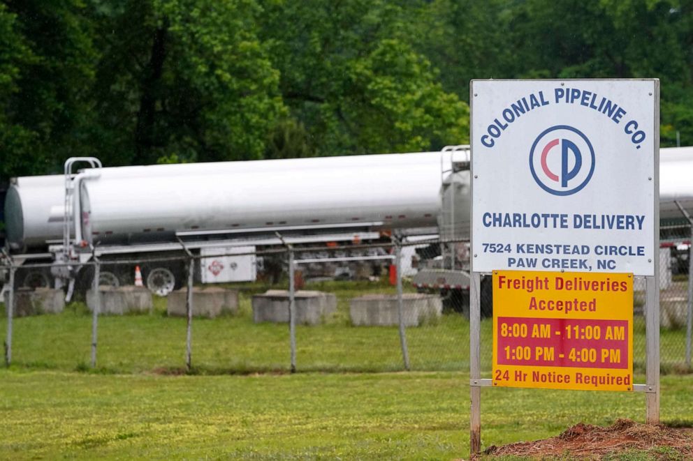 PHOTO: Tanker trucks are parked near the entrance of Colonial Pipeline Company Wednesday, May 12, 2021, in Charlotte, N.C.