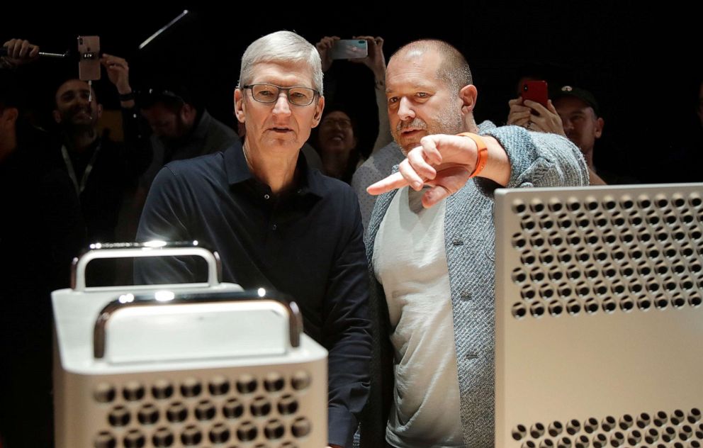 PHOTO: In this Monday, June 3, 2019, file photo, Apple CEO Tim Cook, left, and chief design officer Jonathan Ive look at the Mac Pro in the display room at the Apple Worldwide Developers Conference in San Jose, Calif. 