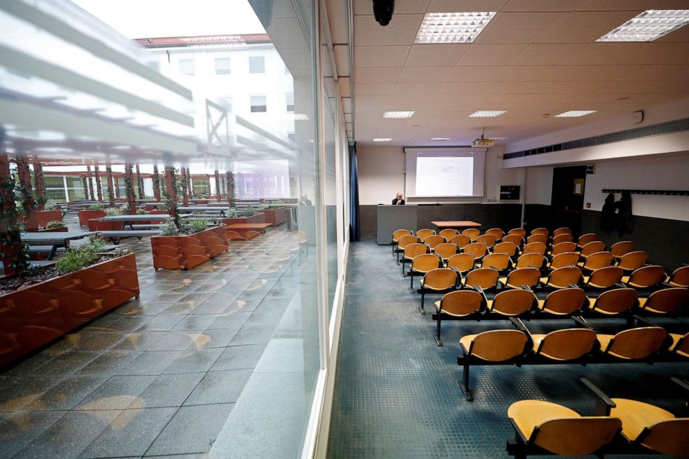 PHOTO: University Chemistry professor Luca De Gioia records his lesson in an empty class room to stream it online for his students at the Bicocca University in Milan, Italy, March 2, 2020.