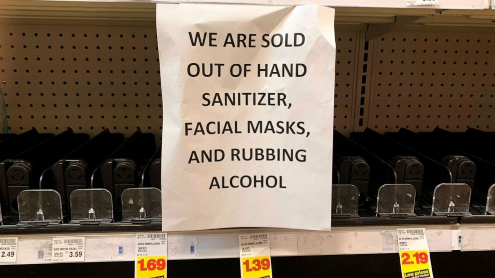 PHOTO:A sign advising out of stock sanitizer, facial masks and rubbing alcohol is seen at a store following warnings about coronavirus in Kirkland, Wash., March 5, 2020. 