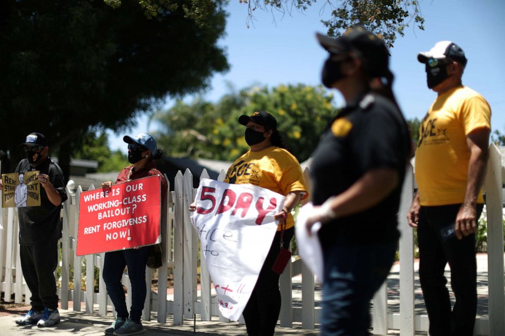 PHOTO: Los Angeles-area tenants protest to urge legislators to support and pass legislation which would prohibit landlords from evicting tenants because of unpaid rent due to the coronavirus pandemic, in Los Angeles, July 17, 2020.