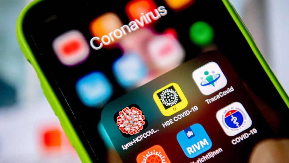 PHOTO: A mobile phone displays COVID-19, coronavirus related apps, April 8, 2020.