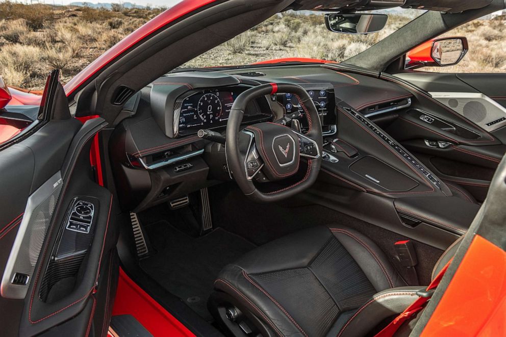 PHOTO: The interior of the 2020 Corvette Stingray. Chevrolet upgraded the driver-centric cockpit with premium leather and materials.
