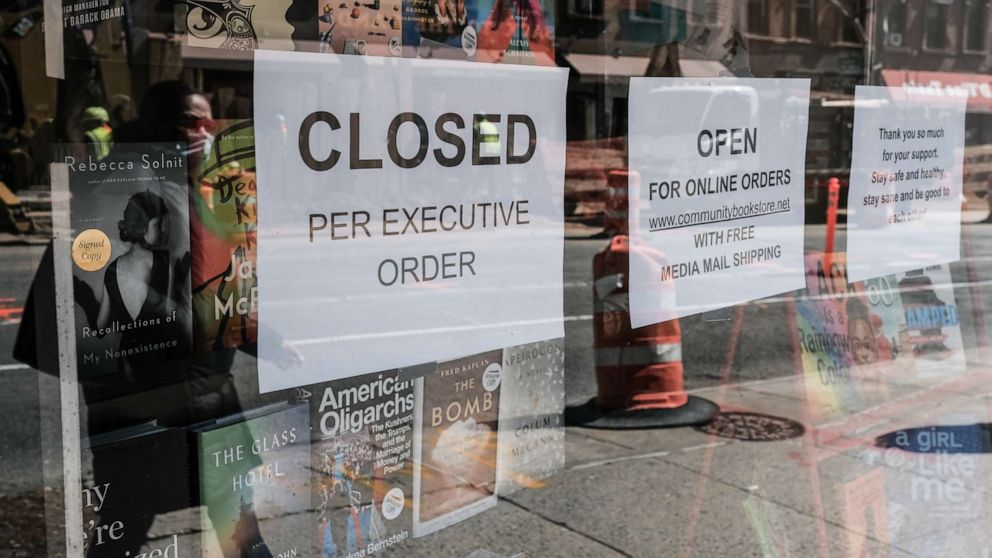 PHOTO: A sign explaining that a bookstore will remain closed, due to the outbreak of the coronavirus disease (COVID-19) in New York, March 26, 2020. 