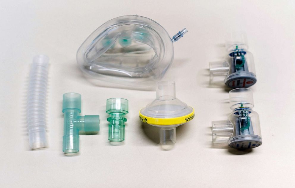 PHOTO: Components of the Continuous Positive Airway Pressure (CPAP) breathing aid, developed in less than a week by mechanical engineers, doctors and the Mercedes Formula 1 team in conjunction with University College London (UCL).
