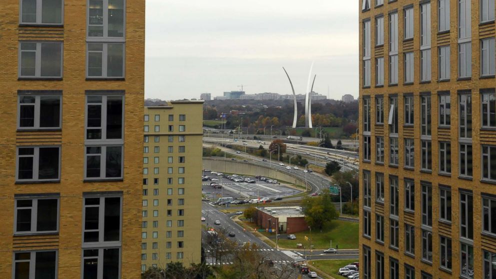 PHOTO: This Friday, Nov. 9, 2018, photo shows a view of Crystal City, Va., and the United States Air Force Memorial as seen from a revolving restaurant.