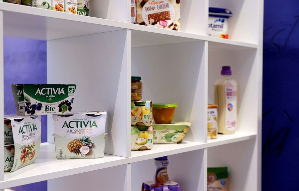 PHOTO: Products are displayed before French food group Danone's 2019 annual results presentation in Paris, Feb. 26, 2020.