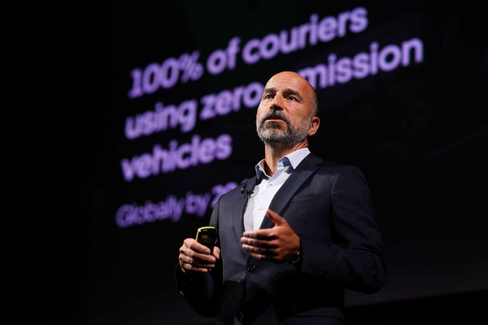 PHOTO: Dara Khosrowshahi, chief executive officer of Uber Technologies Inc. speaks during a presentation in London, on June 8, 2023.
