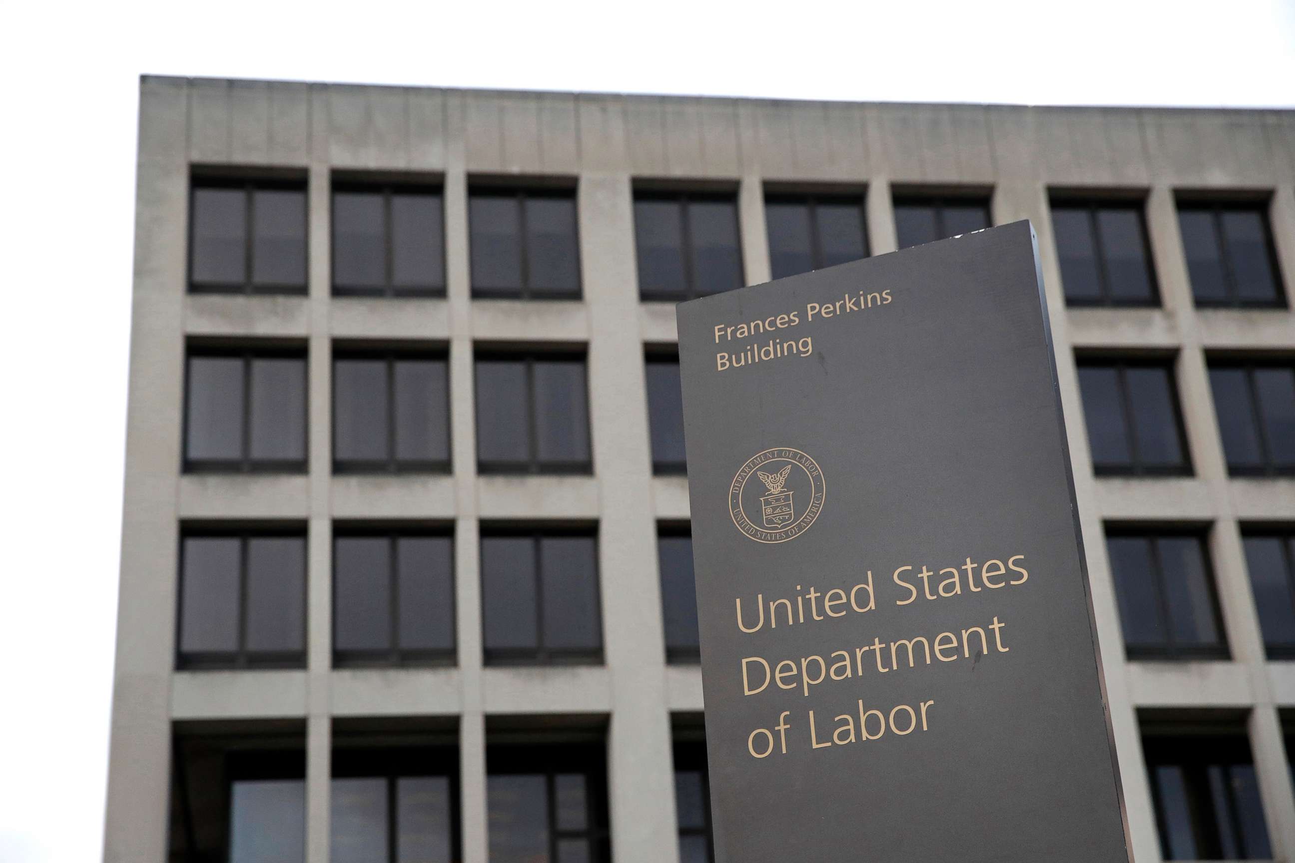 PHOTO: A sign stands outside the Department of Labor's headquarters in Washington, D.C., May 6, 2020.