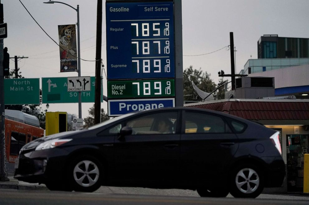 PHOTO: Gas prices, including diesel fuel, are listed on a gas station sign in Los Angeles, June 16, 2022.