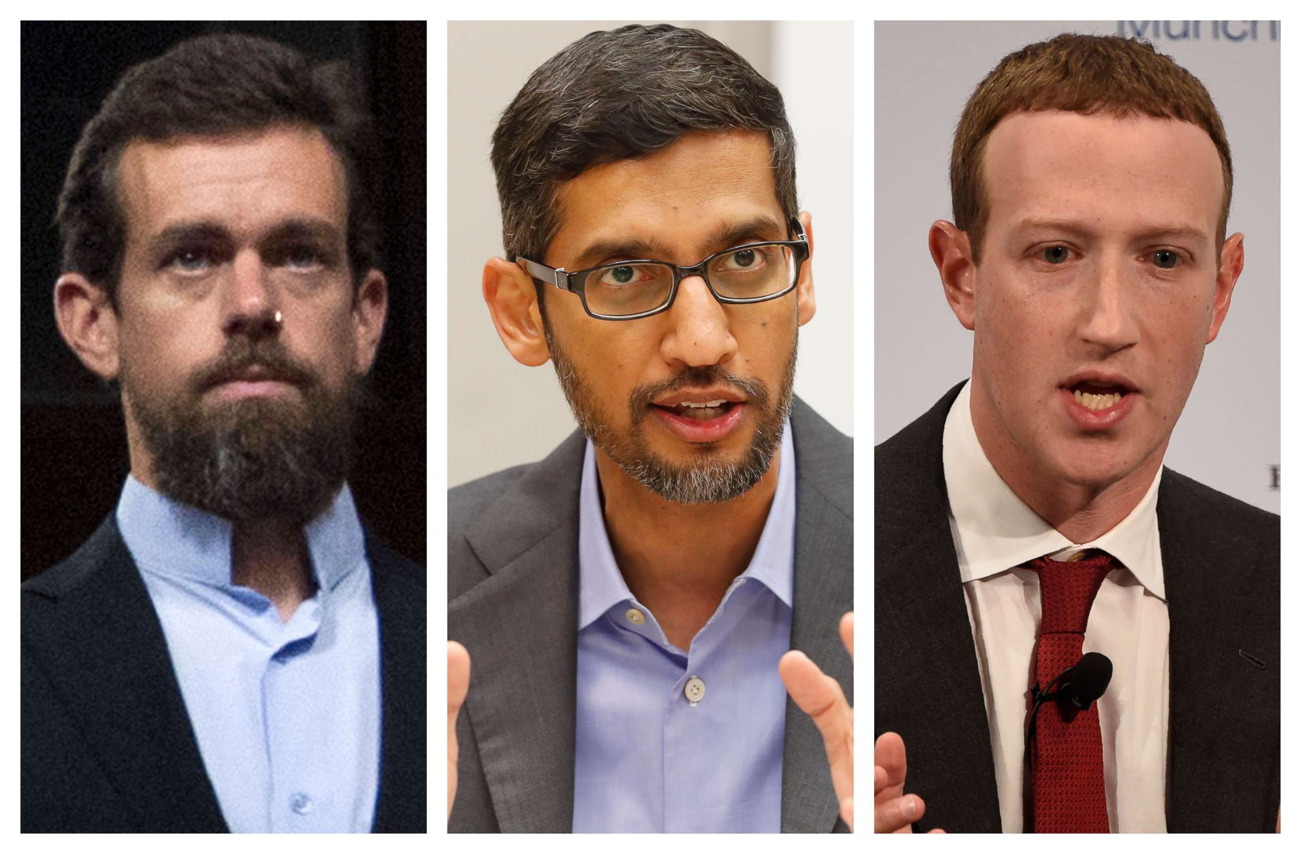 PHOTO: These 2018-2020 photos show, from left, Twitter CEO Jack Dorsey, Google CEO Sundar Pichai, and Facebook CEO Mark Zuckerberg. They will appear in Congress, March 25, 2021 on their efforts to prevent spreading falsehoods and inciting violence. 