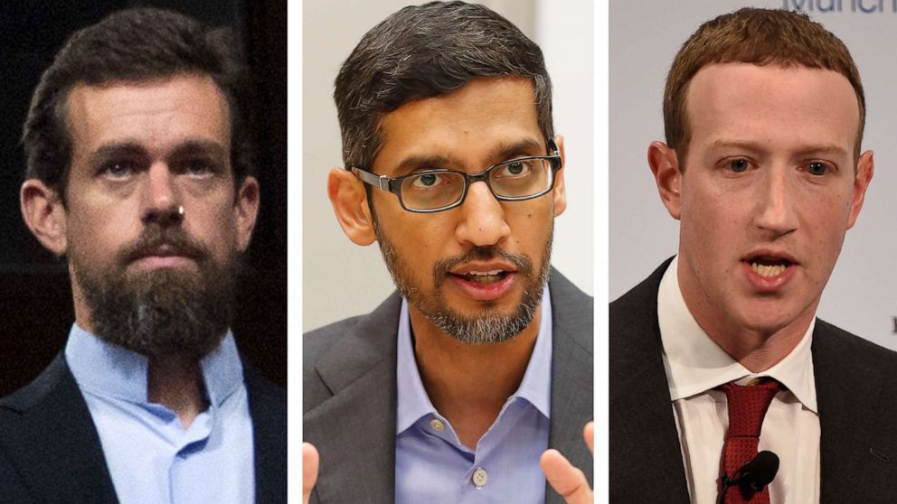 PHOTO: These 2018-2020 photos show, from left, Twitter CEO Jack Dorsey, Google CEO Sundar Pichai, and Facebook CEO Mark Zuckerberg. They will appear in Congress, March 25, 2021 on their efforts to prevent spreading falsehoods and inciting violence. 
