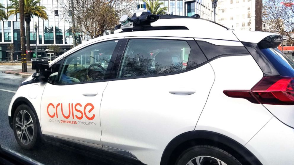 PHOTO: Side view of a driverless car from technology company Cruise Automation navigating the streets of San Francisco, with LIDAR and other devices visible, December, 2018.