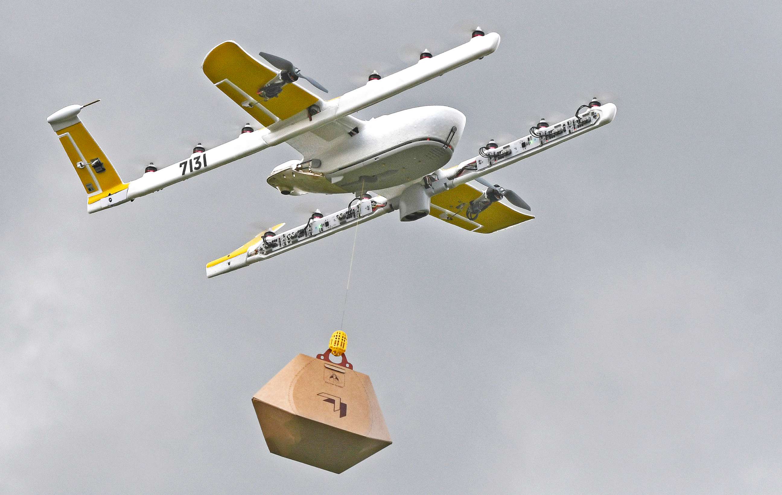 PHOTO: A Wing Hummingbird drone carries a package of ice cream and popsicles during a delivery flight demonstration in Blacksburg, Va., Aug, 7, 2018. Win is a subsidiary of Google's parent corporation Alphabet.