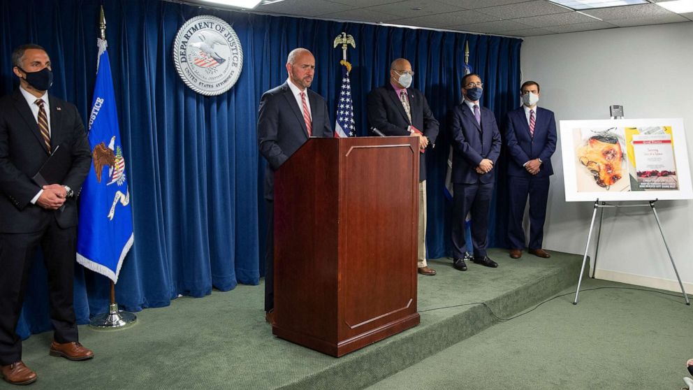 PHOTO: District Attorney for Massachusetts Andrew E. Lelling announces charges of conspiracy to commit cyberstalking and witness tampering against six former eBay Inc., executives, at the John J. Moakley Federal Courthouse in Boston, June 15, 2020.