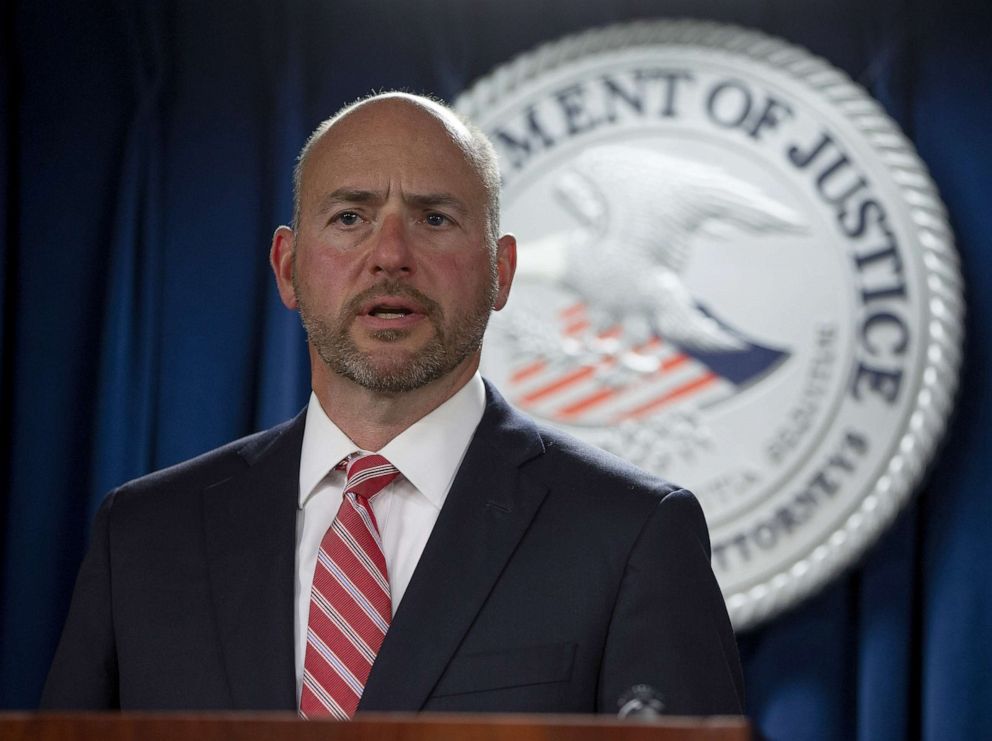 PHOTO: District Attorney for Massachusetts Andrew E. Lelling announces charges of conspiracy to commit cyberstalking and witness tampering against six former eBay Inc., executives, at the John J. Moakley Federal Courthouse in Boston, June 15, 2020.