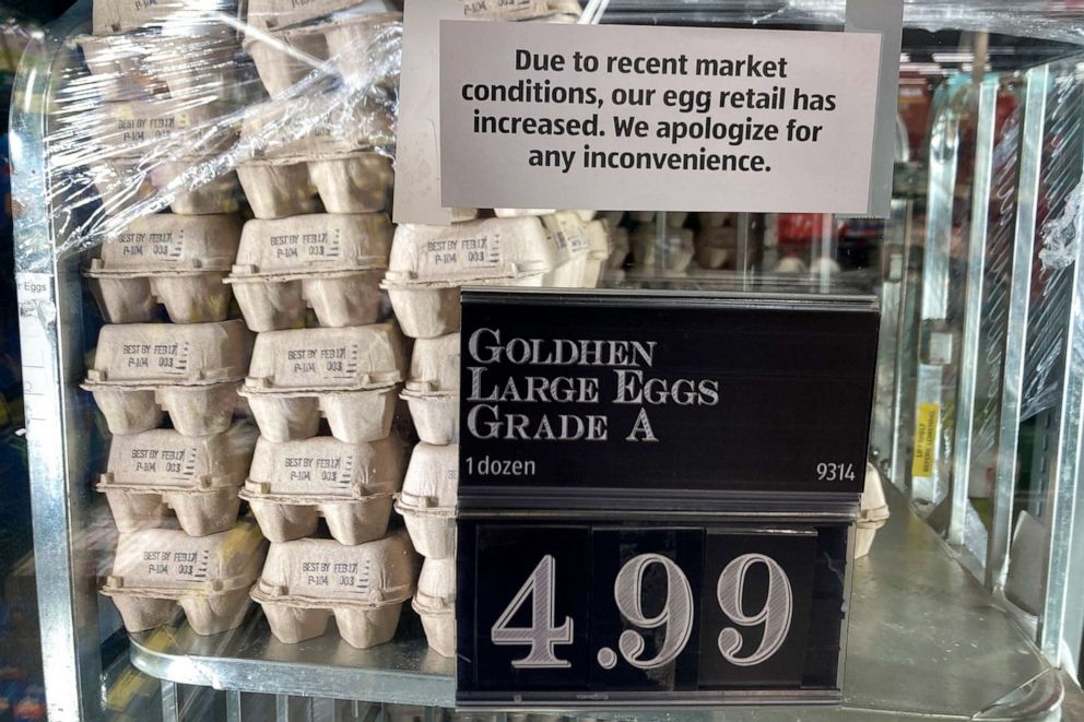 PHOTO: A grocery store in Cheverly, Md., posts a sign to apologize for the increased price of their eggs, Tuesday, Jan. 10, 2023.