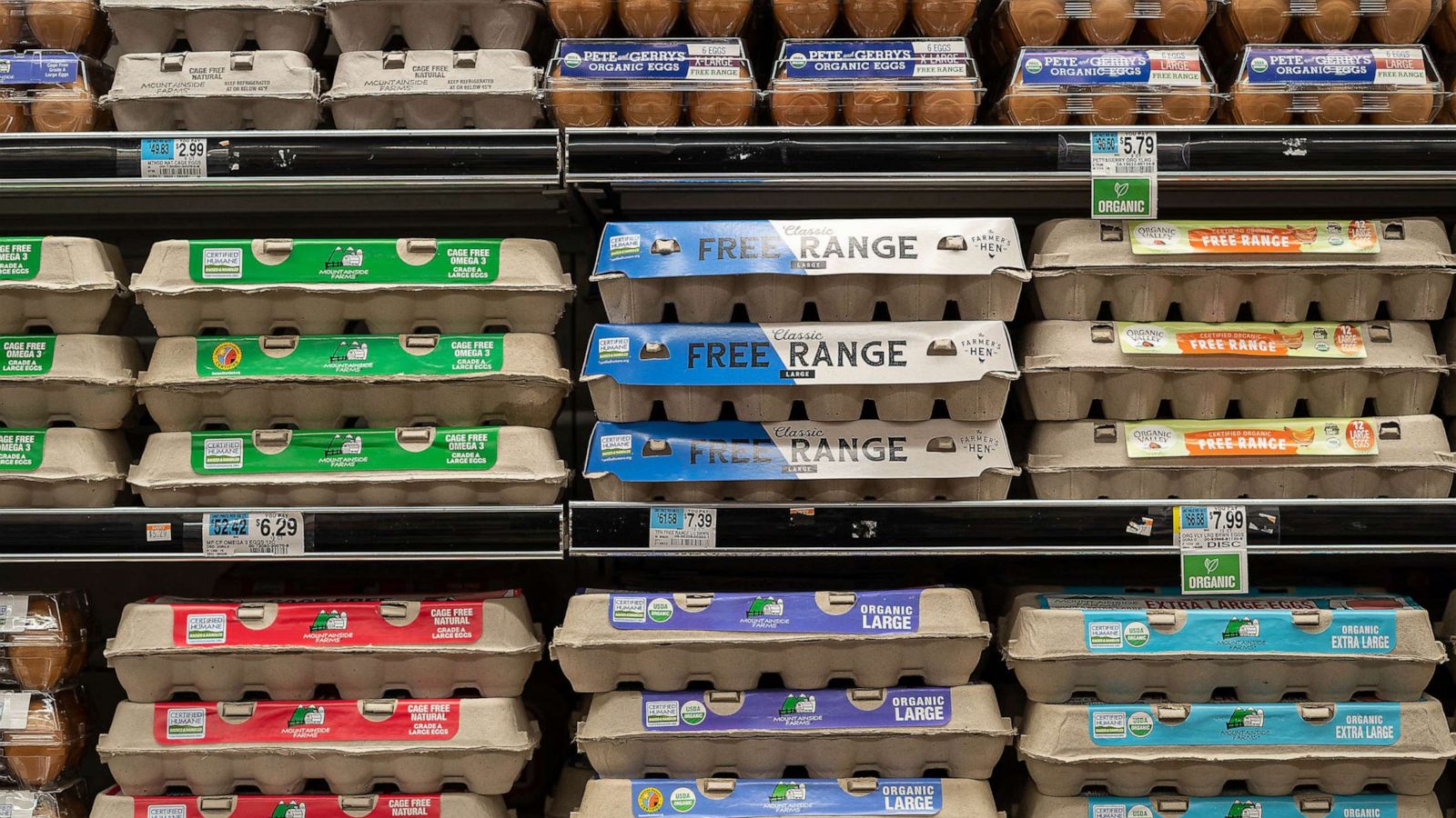 PHOTO: Caption: The most affordable carton of 12 eggs at the Gristedes supermarket above cost over $5, while larger supermarkets like Whole Foods can undercut smaller competitors with $3 cartoons.