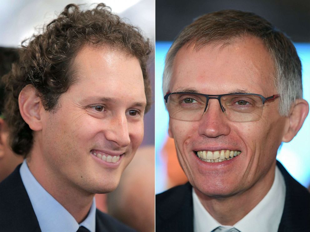 PHOTO: Fiat's chairman John Elkann on May 22, 2014, left, and Carlos Tavares, CEO of PSA Group, Sept. 12, 2017. French car maker PSA and Fiat Chrysler announced an agreement to create the world's fourth largest automaker, Dec. 18, 2019.