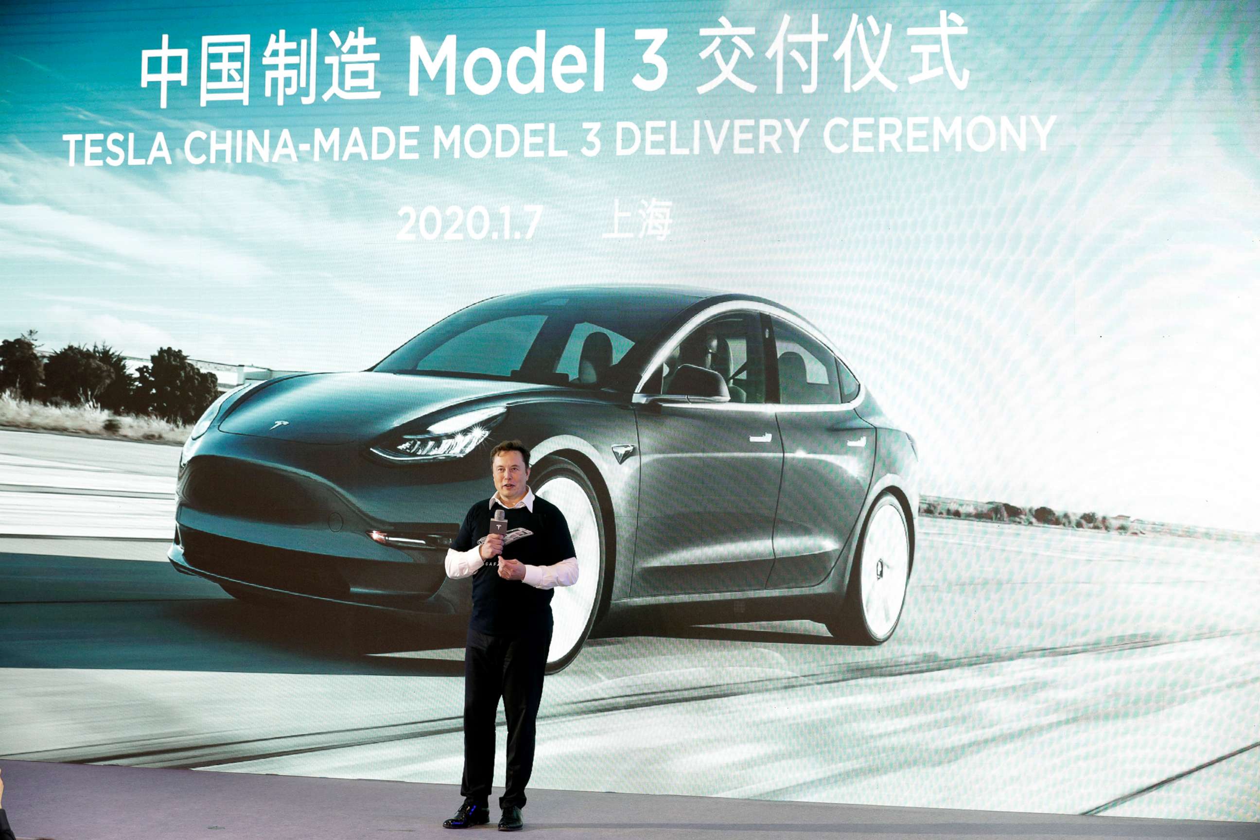 PHOTO: Elon Musk speaks during the Tesla China-Made Model 3 Delivery Ceremony at the company's Gigafactory in Shanghai, Jan. 7, 2020.