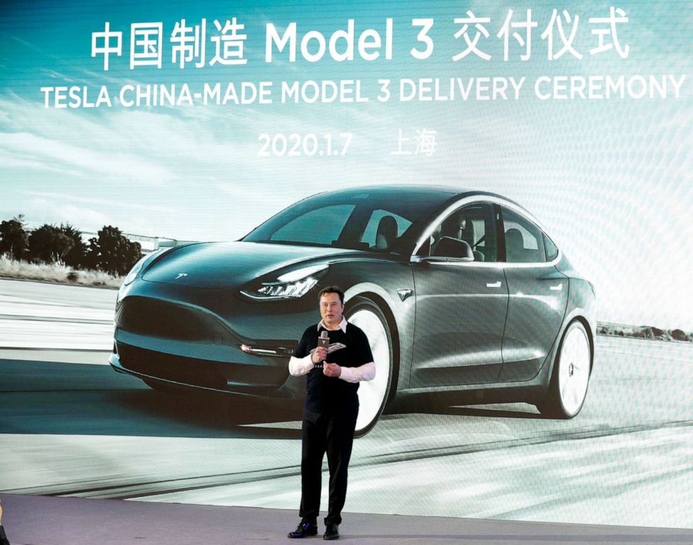 PHOTO: Elon Musk speaks during the Tesla China-Made Model 3 Delivery Ceremony at the company's Gigafactory in Shanghai, Jan. 7, 2020.