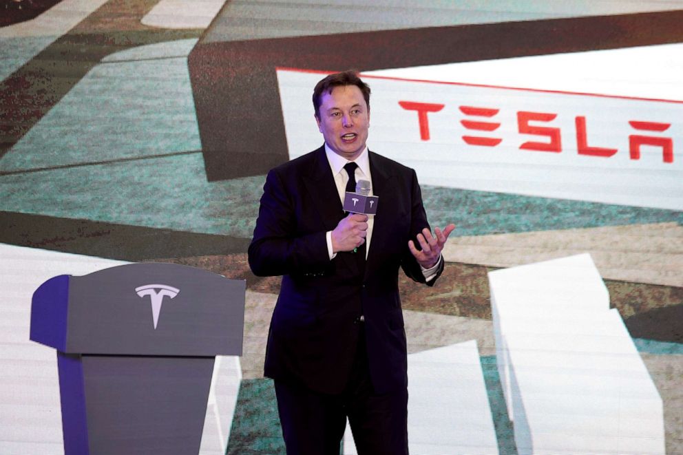 PHOTO: Tesla Inc CEO Elon Musk speaks at an opening ceremony for Tesla China-made Model Y program in Shanghai, Jan. 7, 2020.