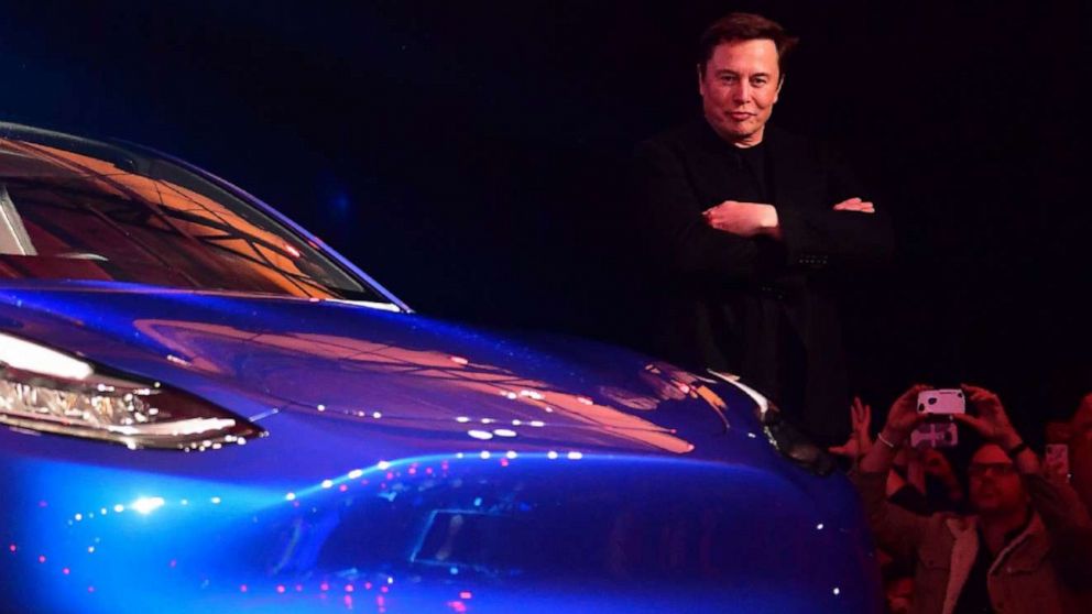 PHOTO: Tesla CEO Elon Musk views the new Tesla Model Y at its unveiling in Hawthorne, Calif., March 14, 2019.