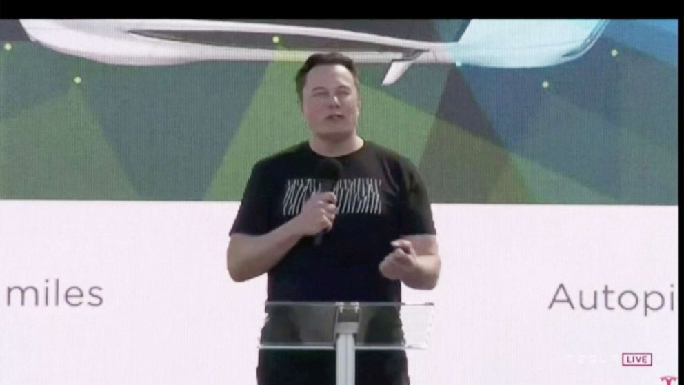 PHOTO: Elon Musk conducts Tesla’s “Battery Day” event outside its production facility in Freemont, Calif., Sept. 22, 2020.