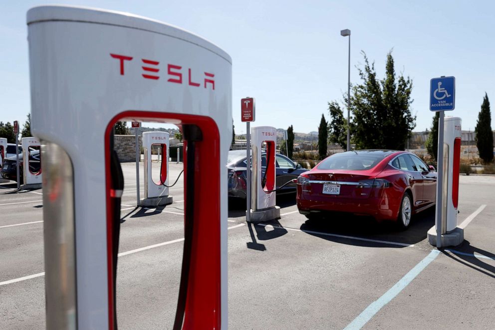 PHOTO: Tesla Superchargers charge vehicles in Petaluma, Calif. on Sept. 23, 2020.
